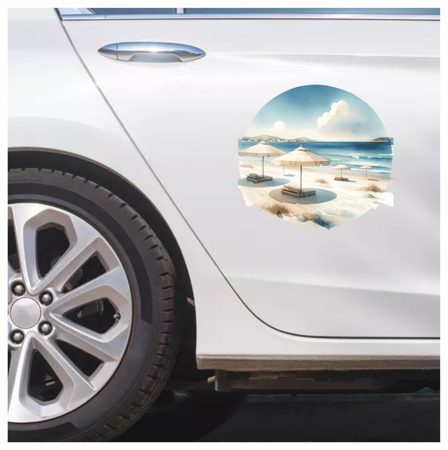 Blue Ocean Beach Umbrellas On Sand Vinyl Sticker Decal