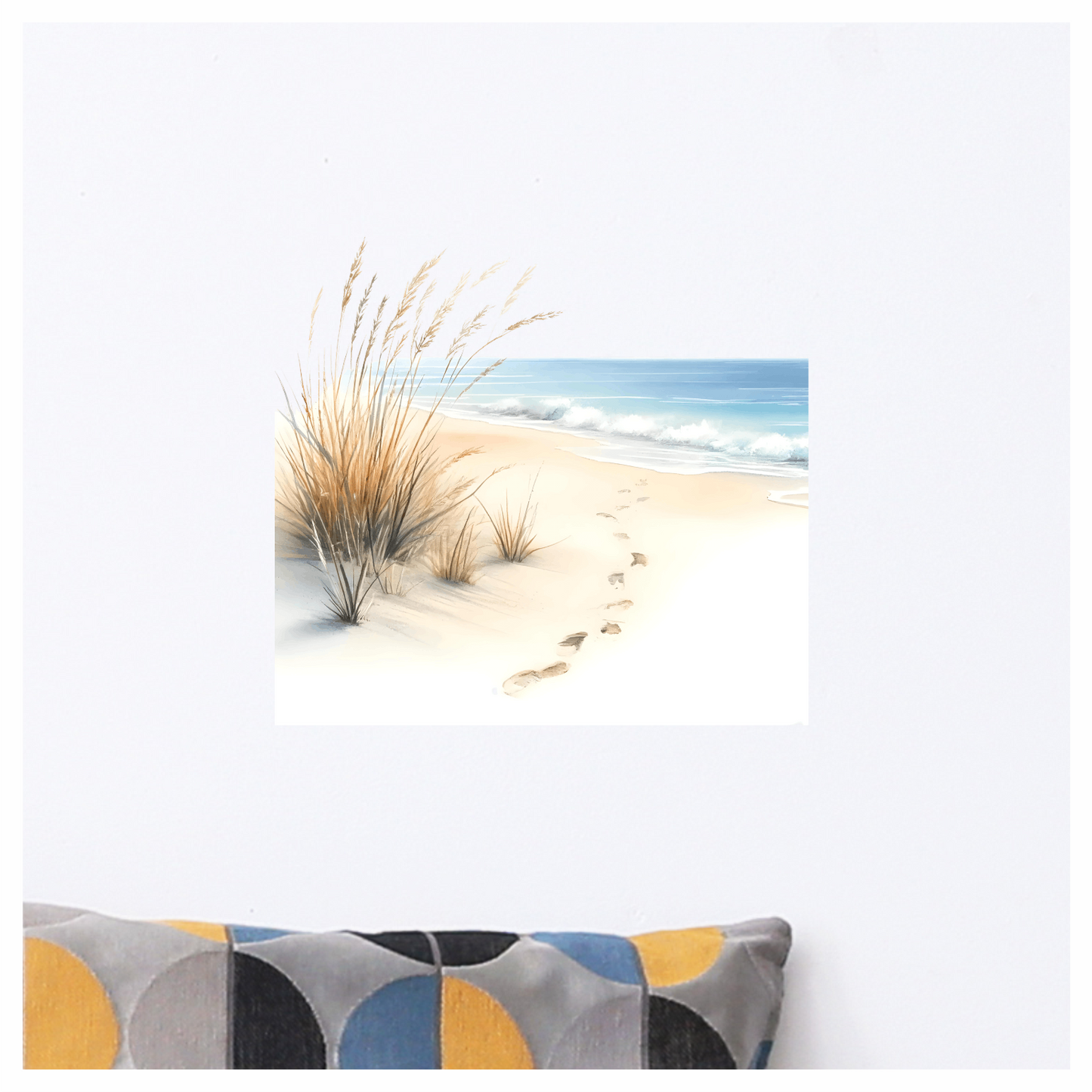 Beige Sand Footprints Beside Blue Ocean Vinyl Sticker Decal