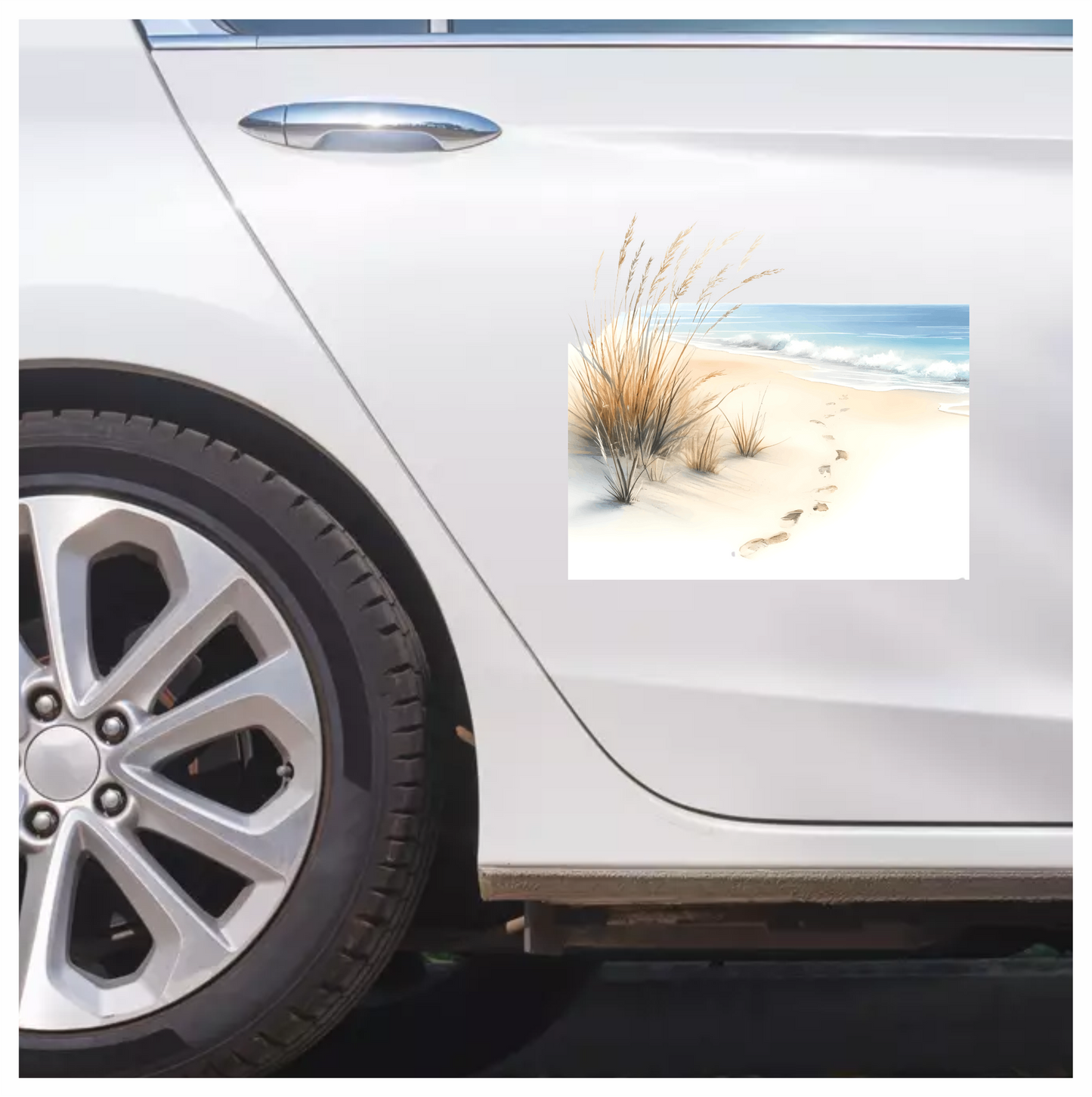 Beige Sand Footprints Beside Blue Ocean Vinyl Sticker Decal
