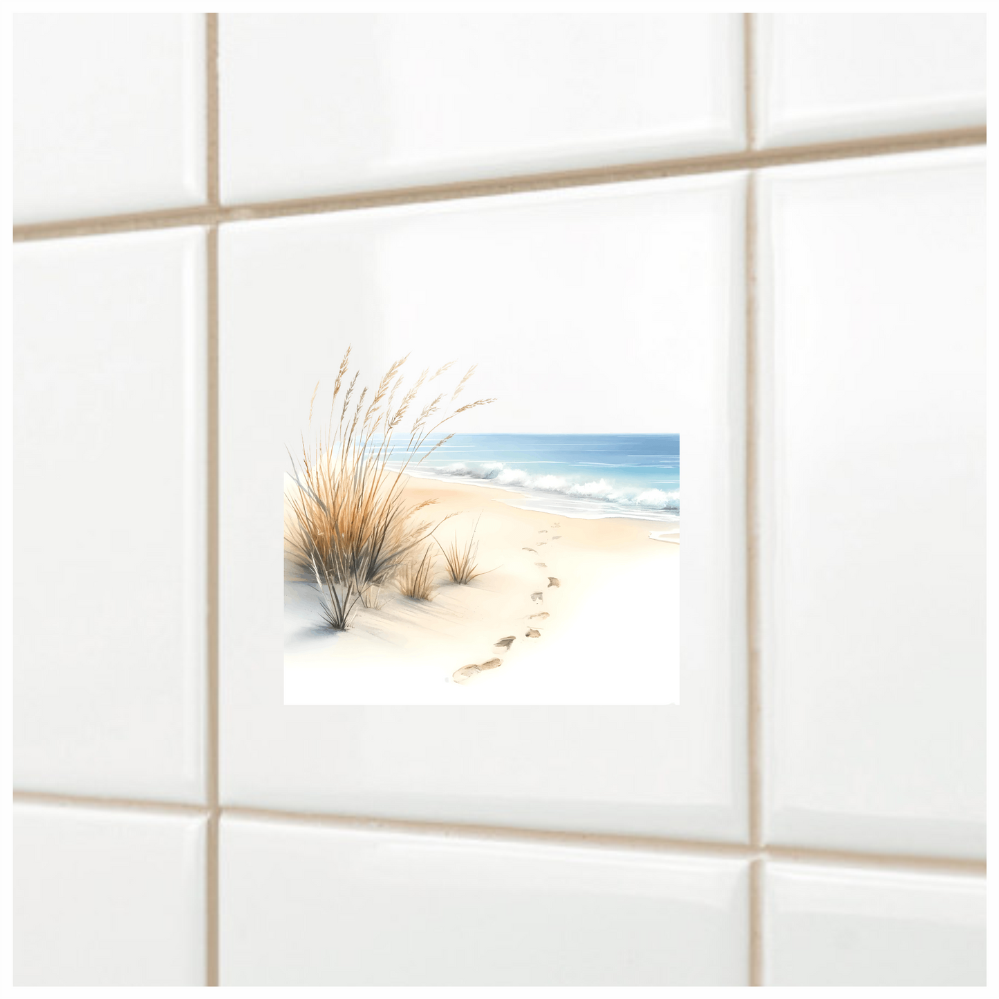 Beige Sand Footprints Beside Blue Ocean Vinyl Sticker Decal