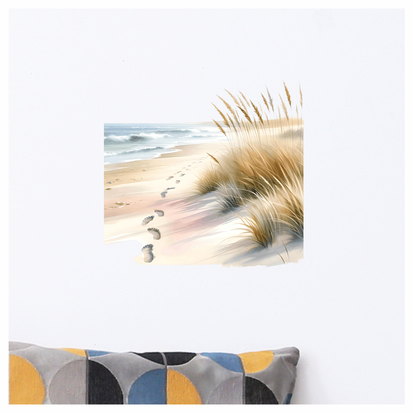 Beige Sand Footprints Along Ocean Waves Vinyl Sticker Decal