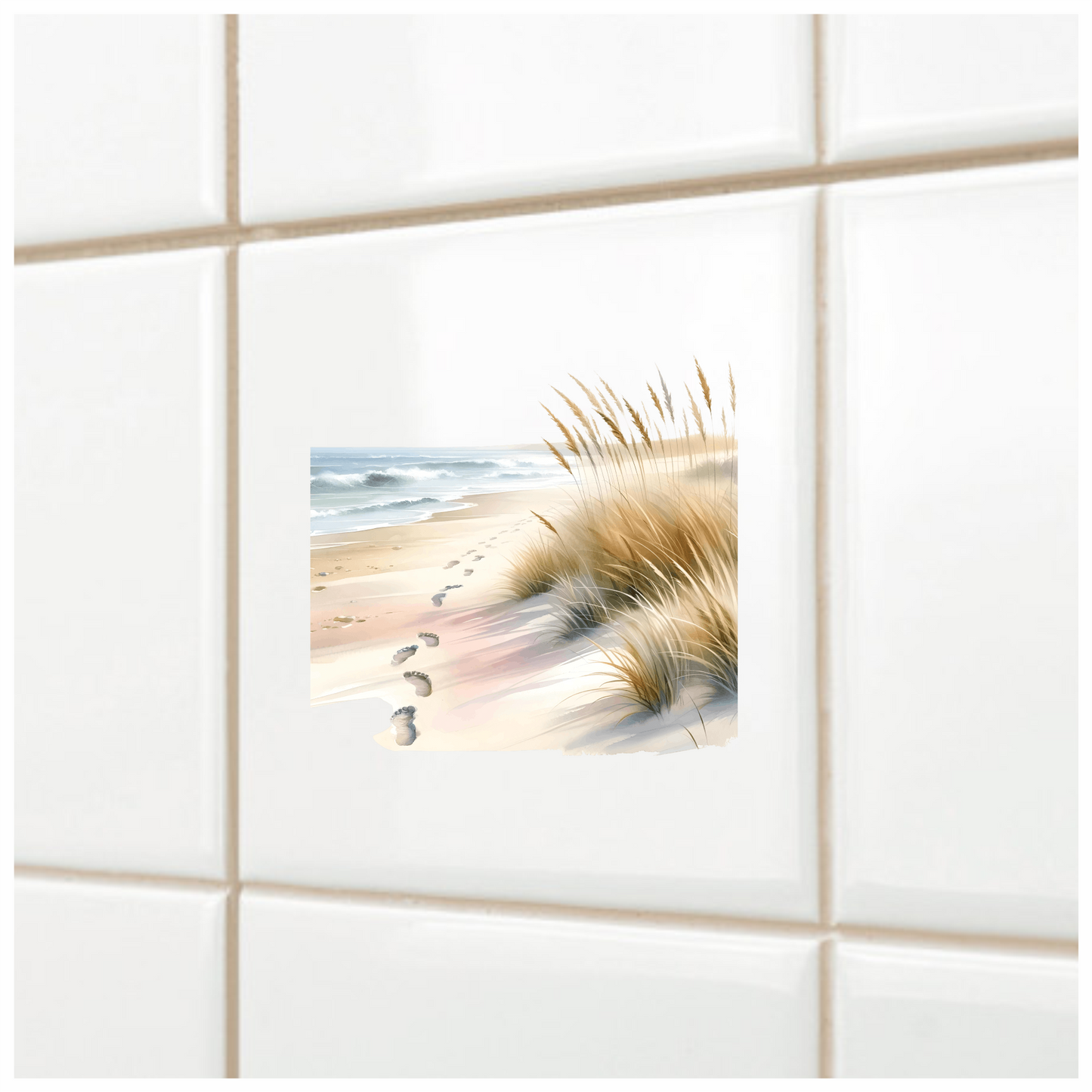 Beige Sand Footprints Along Ocean Waves Vinyl Sticker Decal
