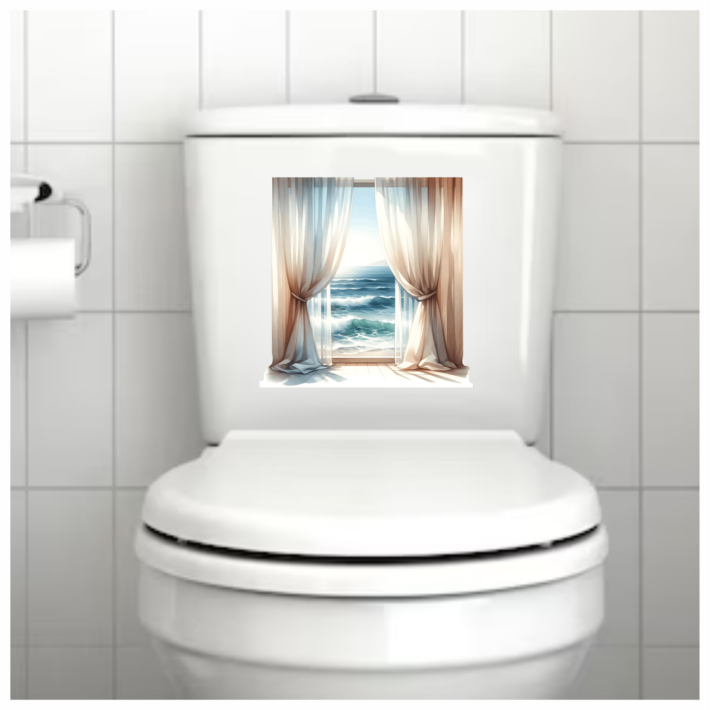 Beige Curtains Open To Blue Ocean Vinyl Sticker Decal