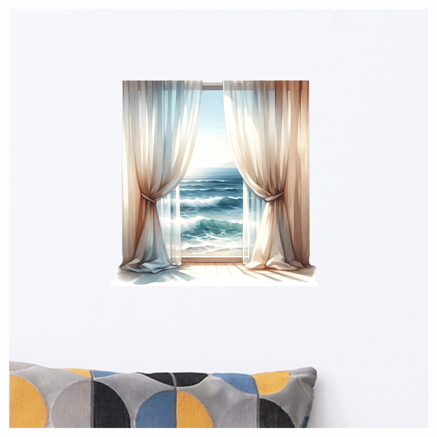 Beige Curtains Open To Blue Ocean Vinyl Sticker Decal