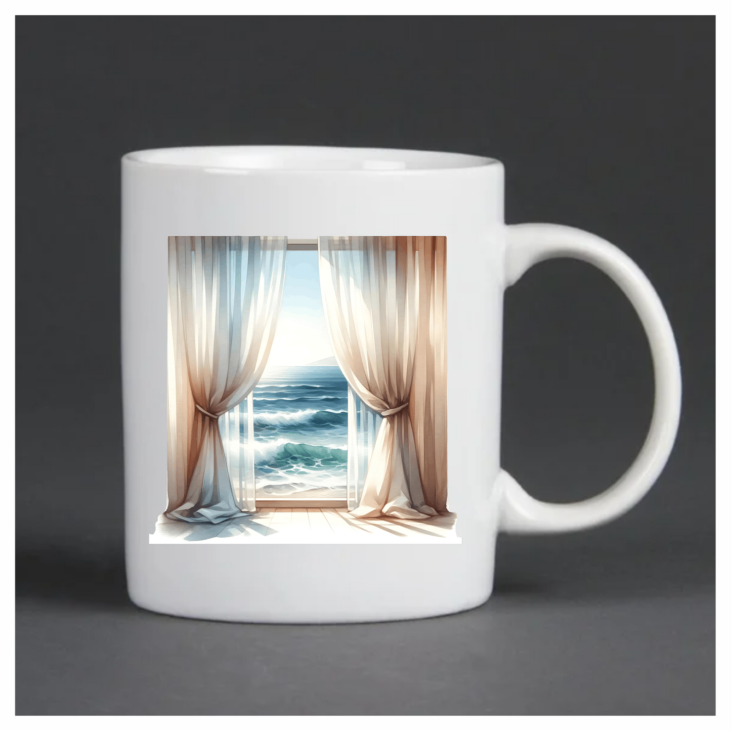 Beige Curtains Open To Blue Ocean Vinyl Sticker Decal