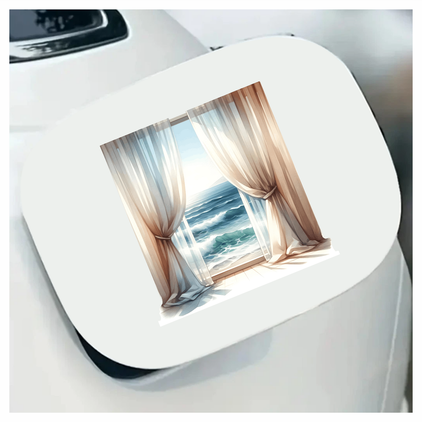Beige Curtains Open To Blue Ocean Vinyl Sticker Decal