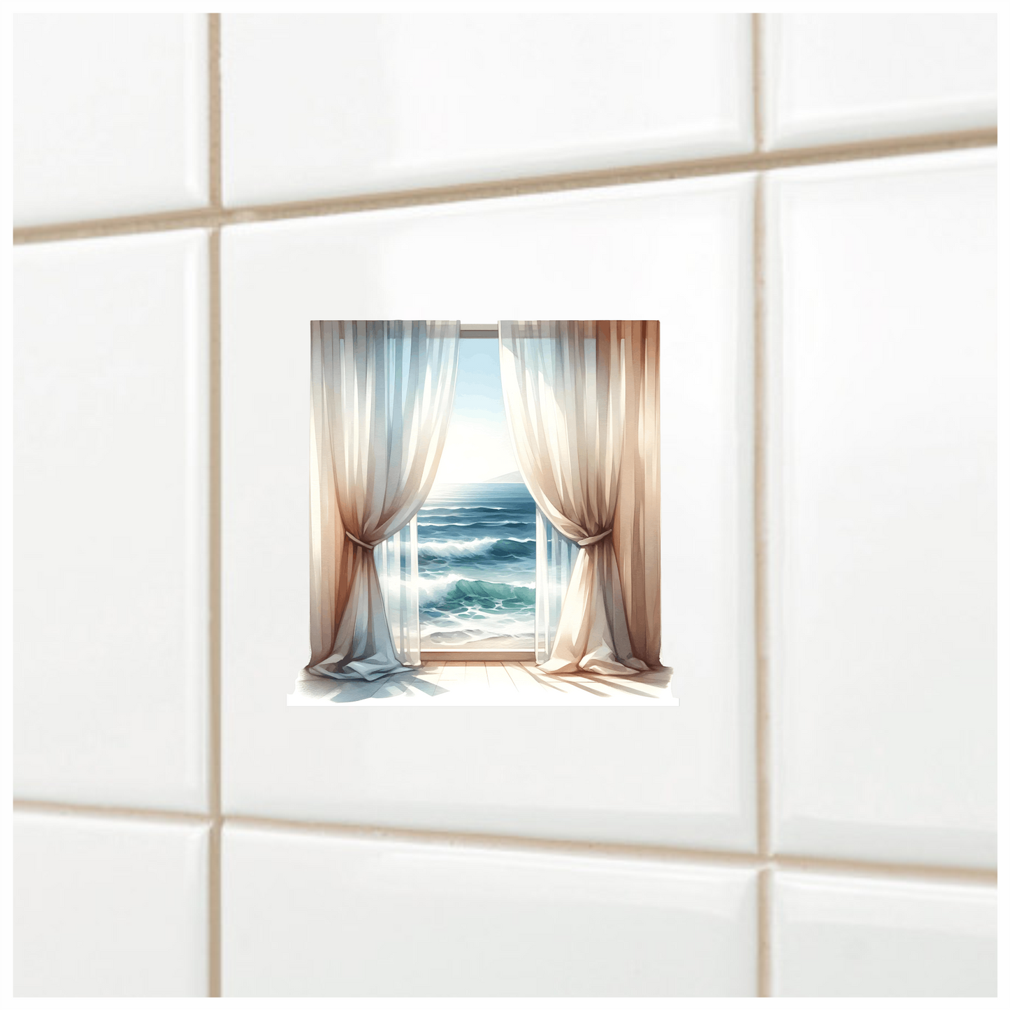 Beige Curtains Open To Blue Ocean Vinyl Sticker Decal