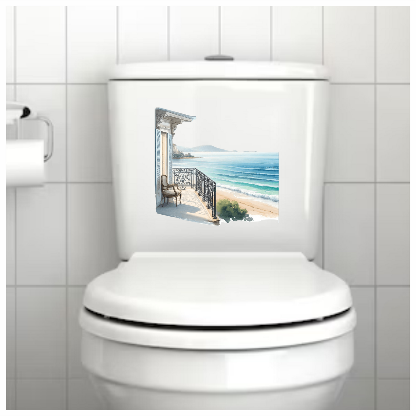 Beige Balcony Overlooking Blue Ocean Vinyl Sticker Decal