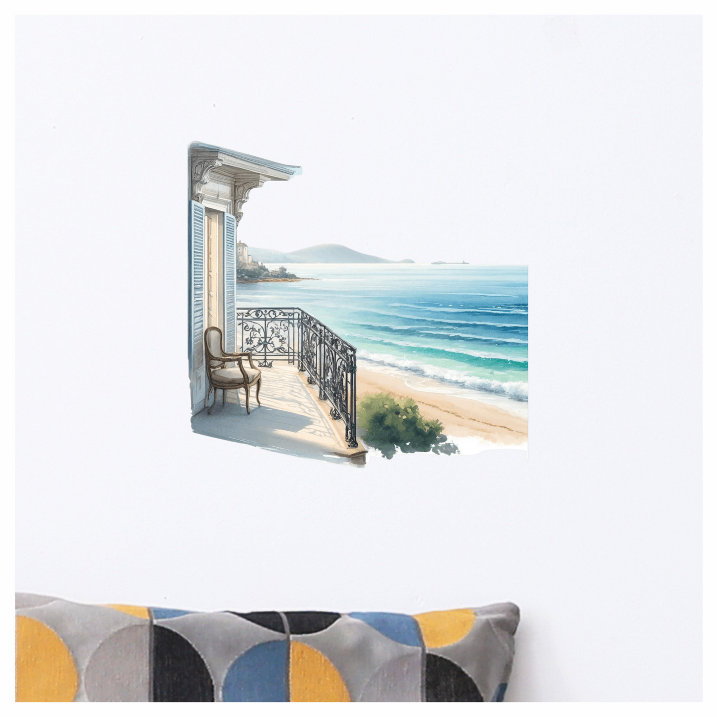Beige Balcony Overlooking Blue Ocean Vinyl Sticker Decal