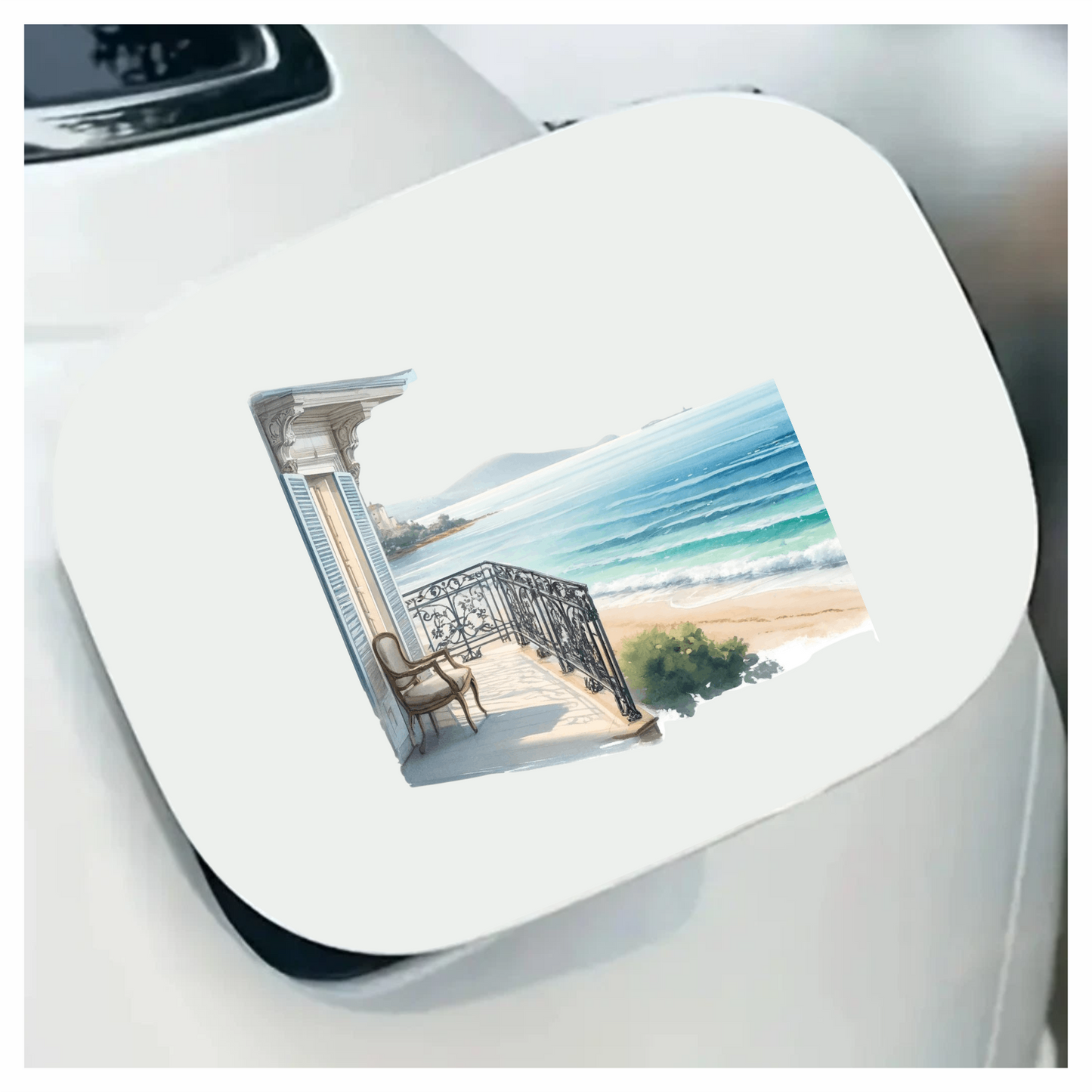 Beige Balcony Overlooking Blue Ocean Vinyl Sticker Decal