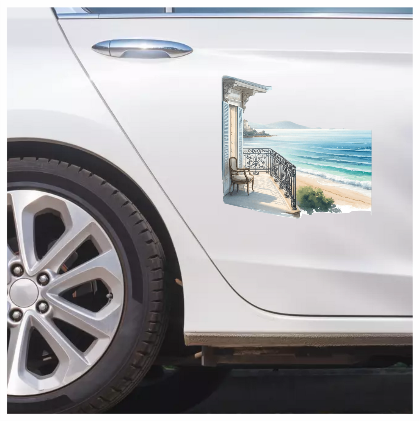 Beige Balcony Overlooking Blue Ocean Vinyl Sticker Decal