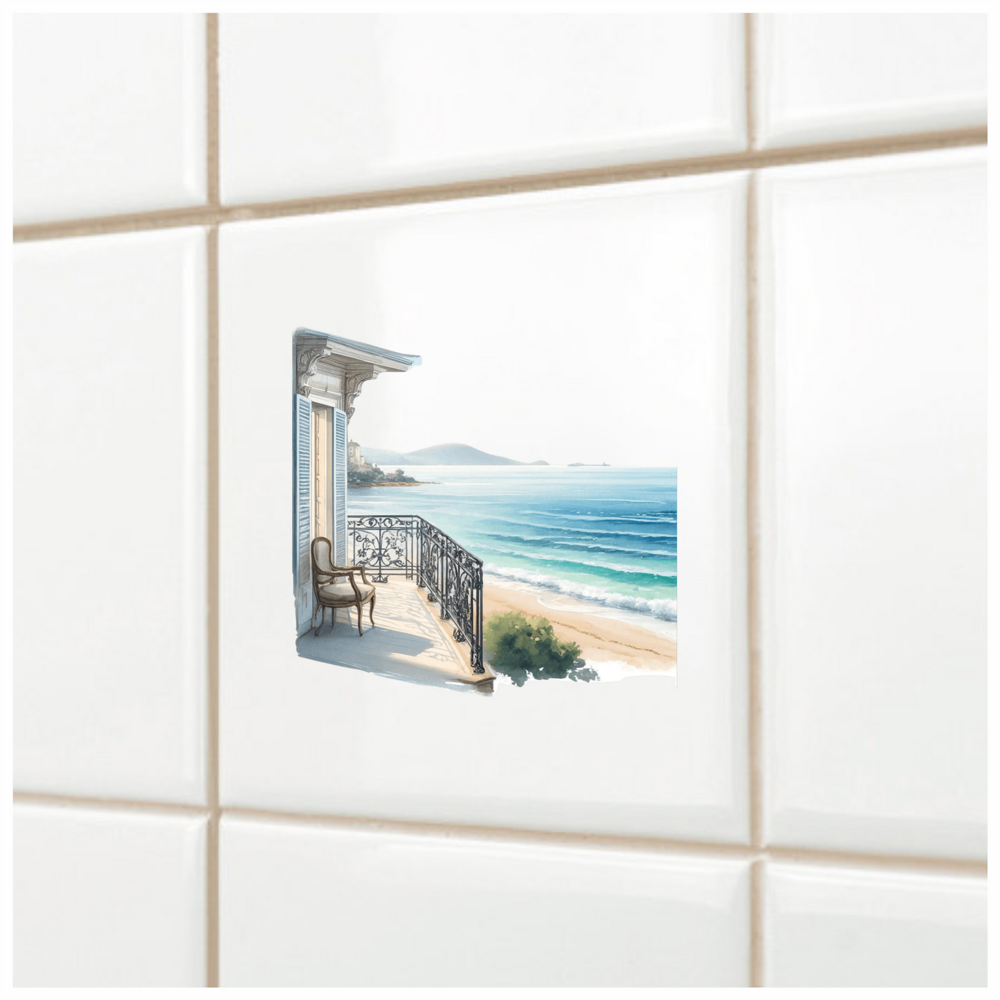 Beige Balcony Overlooking Blue Ocean Vinyl Sticker Decal