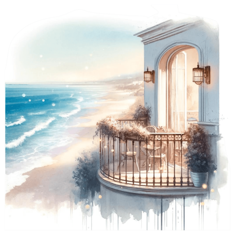 Beige Balcony Overlooking Blue Ocean Waves Vinyl Sticker Decal