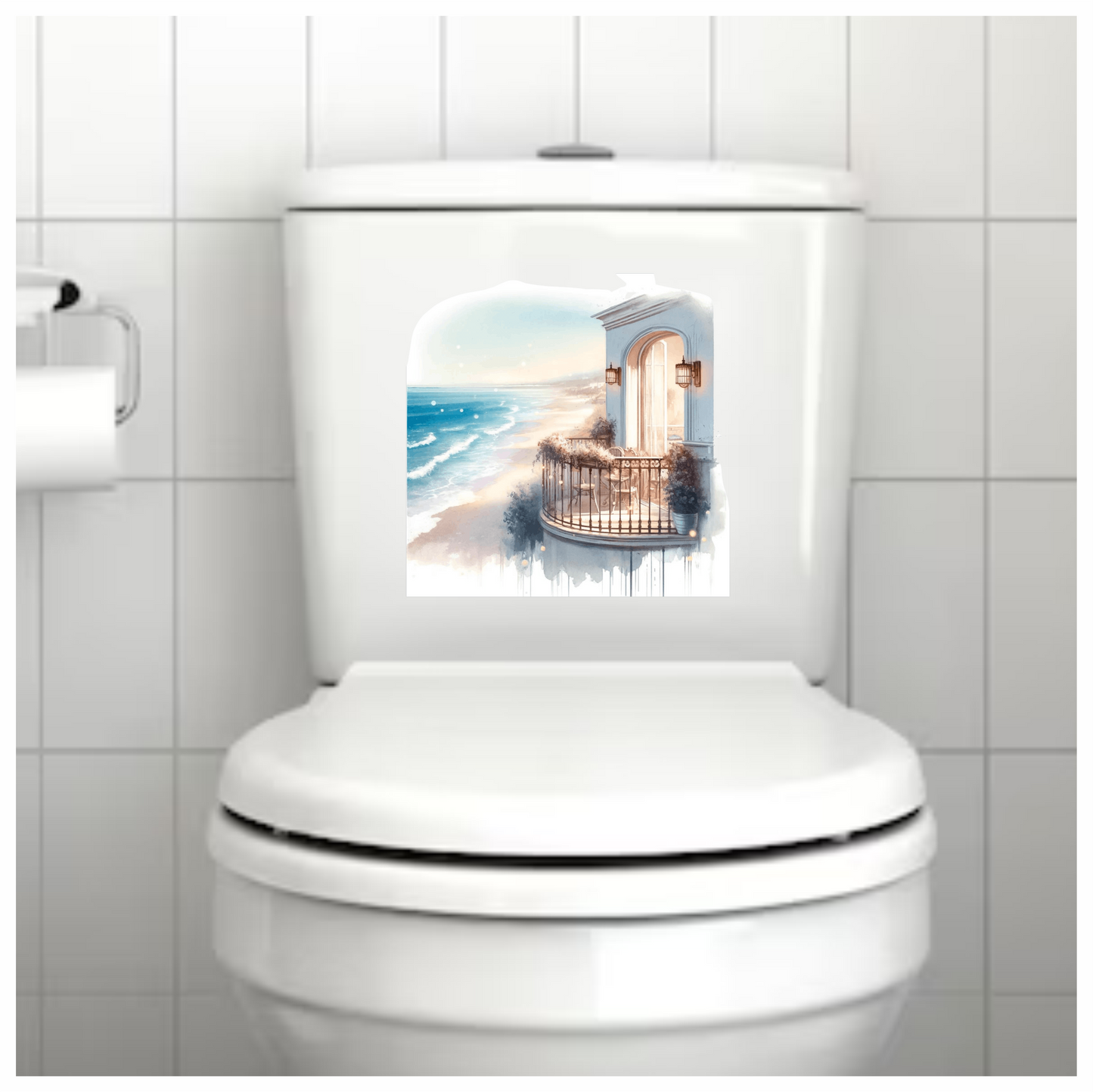 Beige Balcony Overlooking Blue Ocean Waves Vinyl Sticker Decal