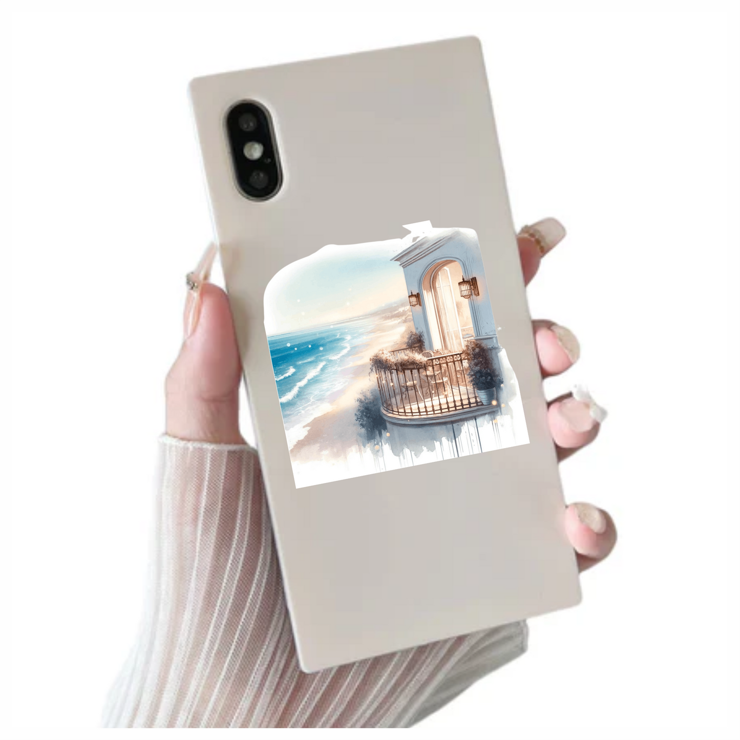 Beige Balcony Overlooking Blue Ocean Waves Vinyl Sticker Decal