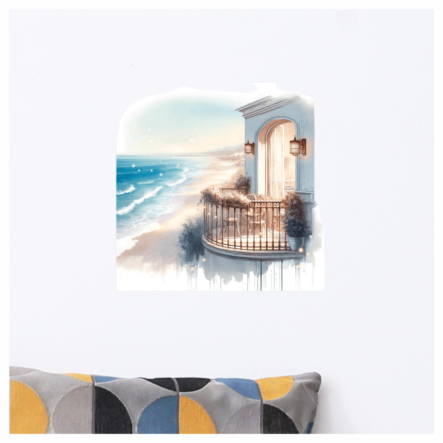 Beige Balcony Overlooking Blue Ocean Waves Vinyl Sticker Decal