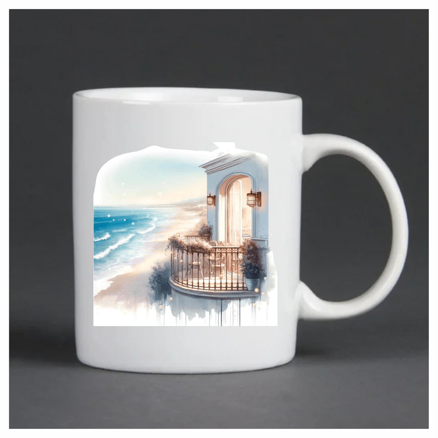 Beige Balcony Overlooking Blue Ocean Waves Vinyl Sticker Decal