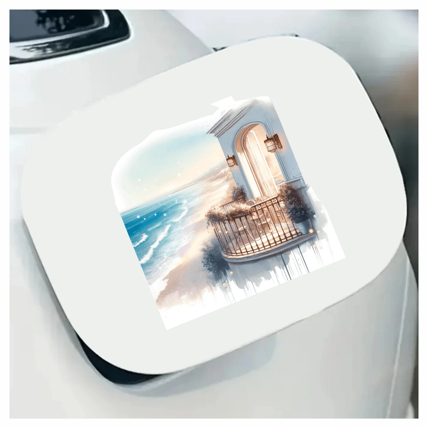 Beige Balcony Overlooking Blue Ocean Waves Vinyl Sticker Decal