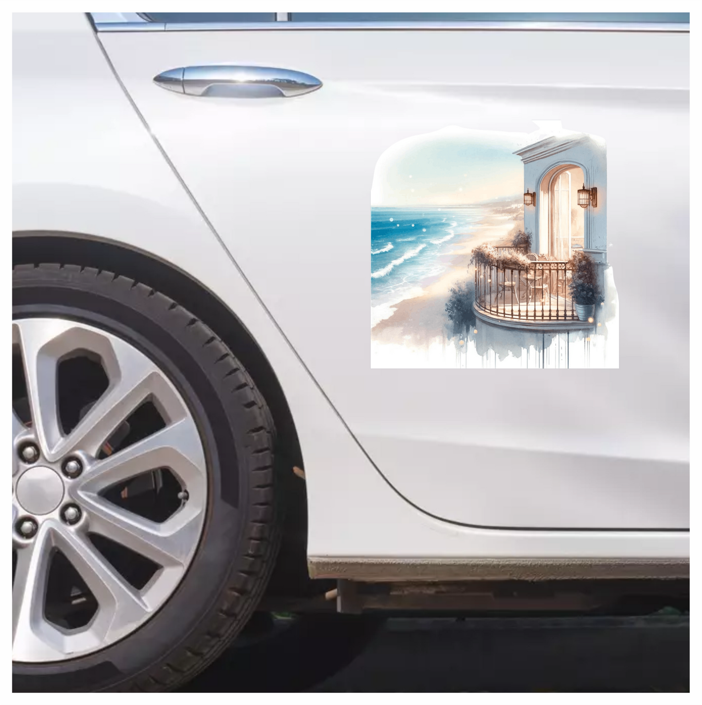 Beige Balcony Overlooking Blue Ocean Waves Vinyl Sticker Decal