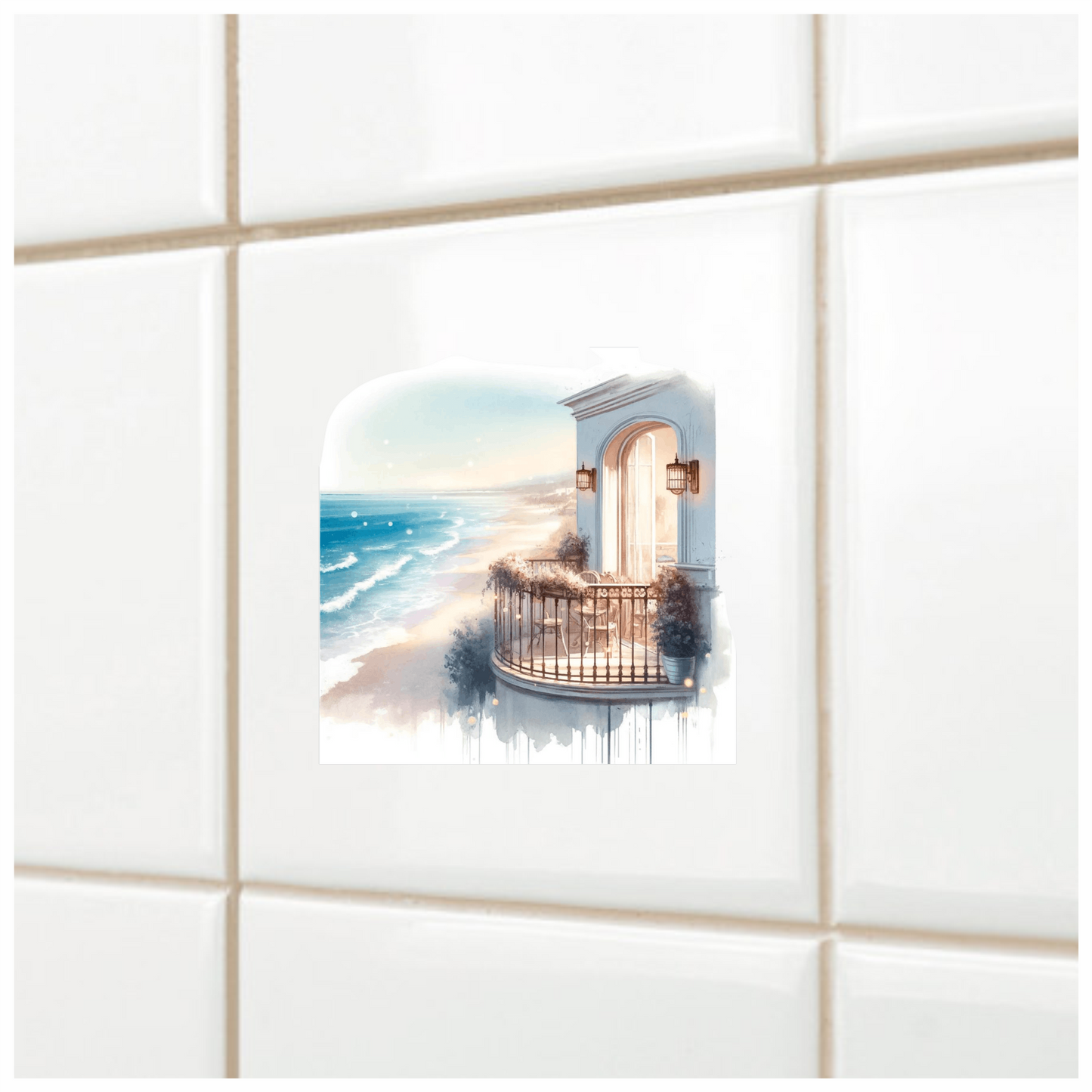 Beige Balcony Overlooking Blue Ocean Waves Vinyl Sticker Decal