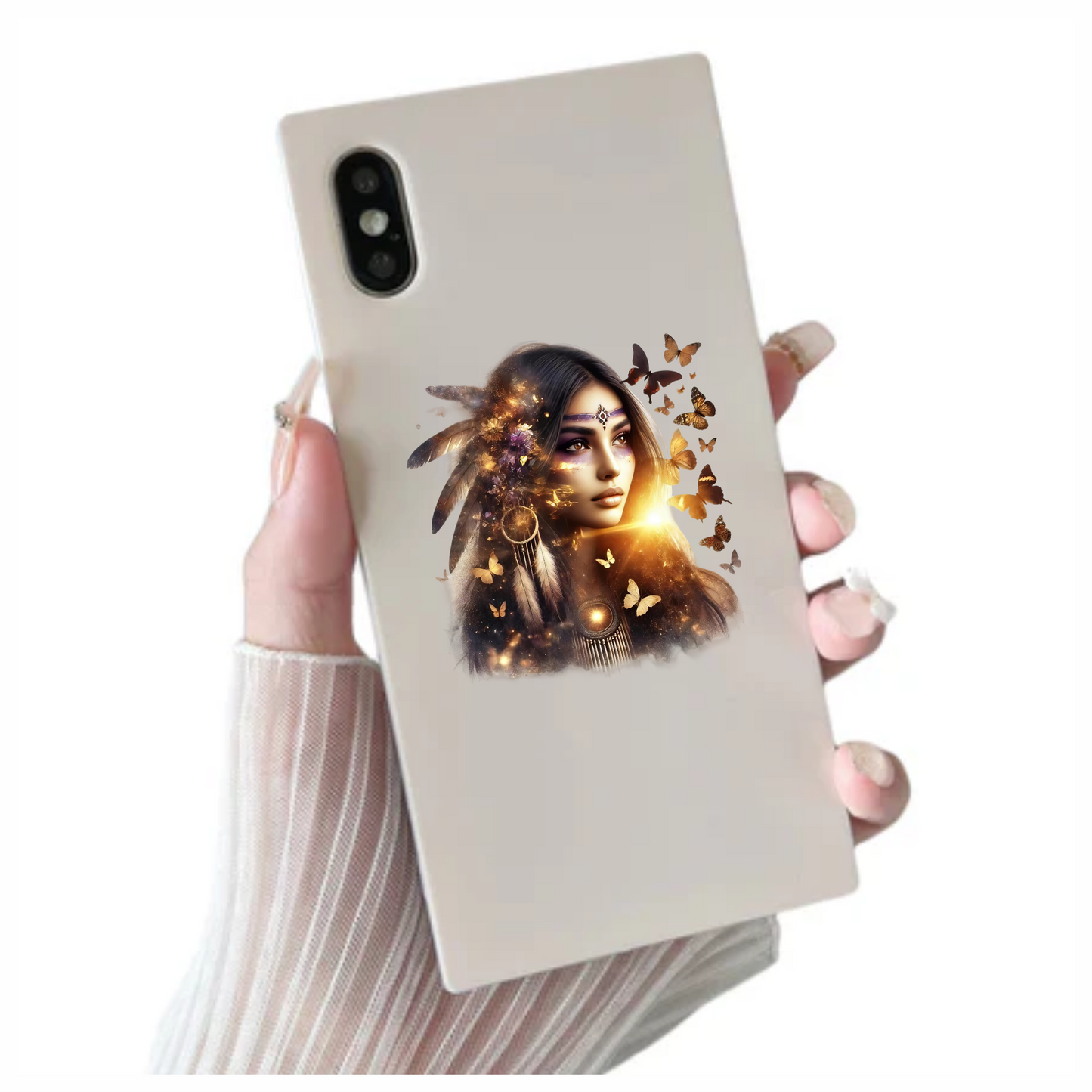 Golden Woman With Butterflies And Feathers Vinyl Sticker Decal