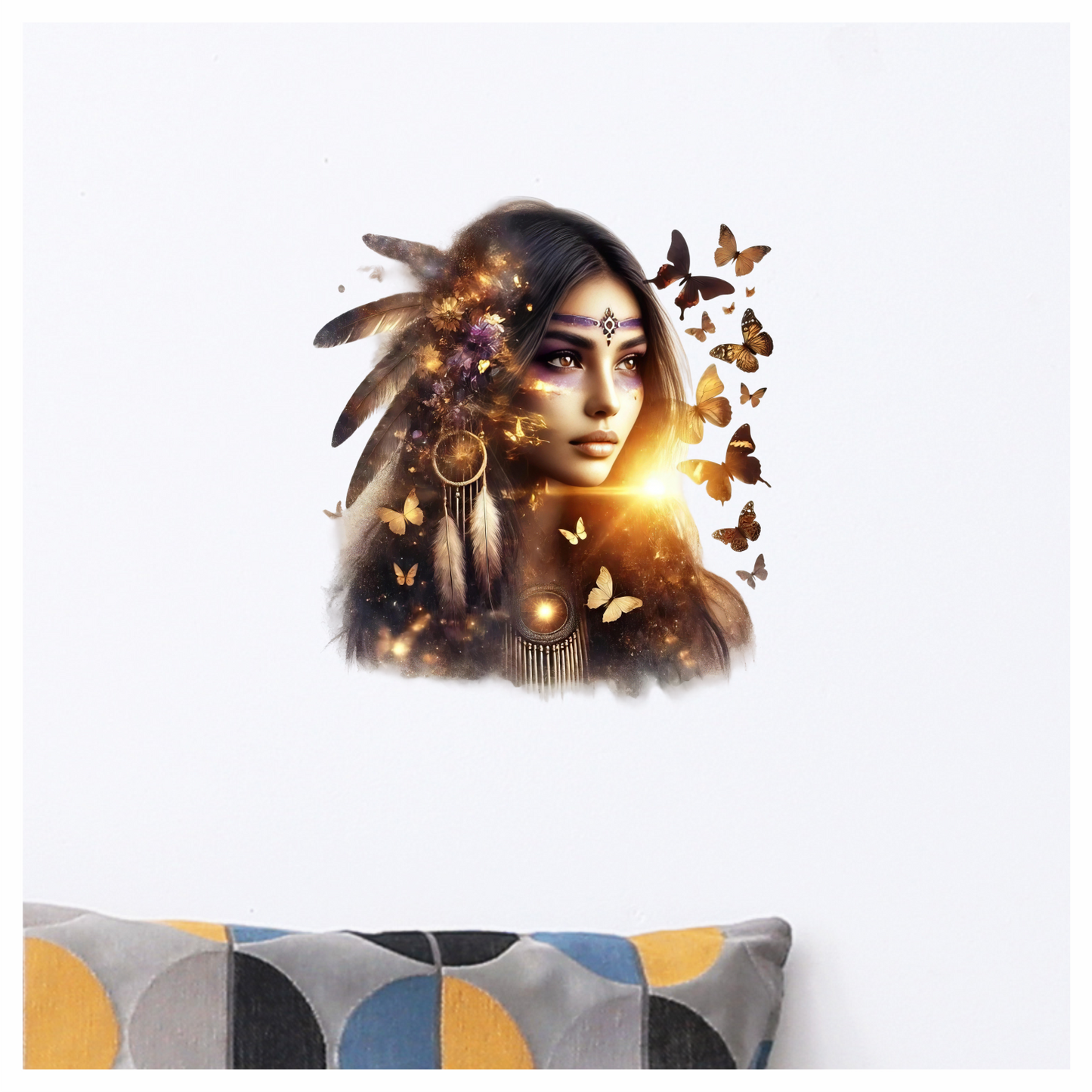 Golden Woman With Butterflies And Feathers Vinyl Sticker Decal