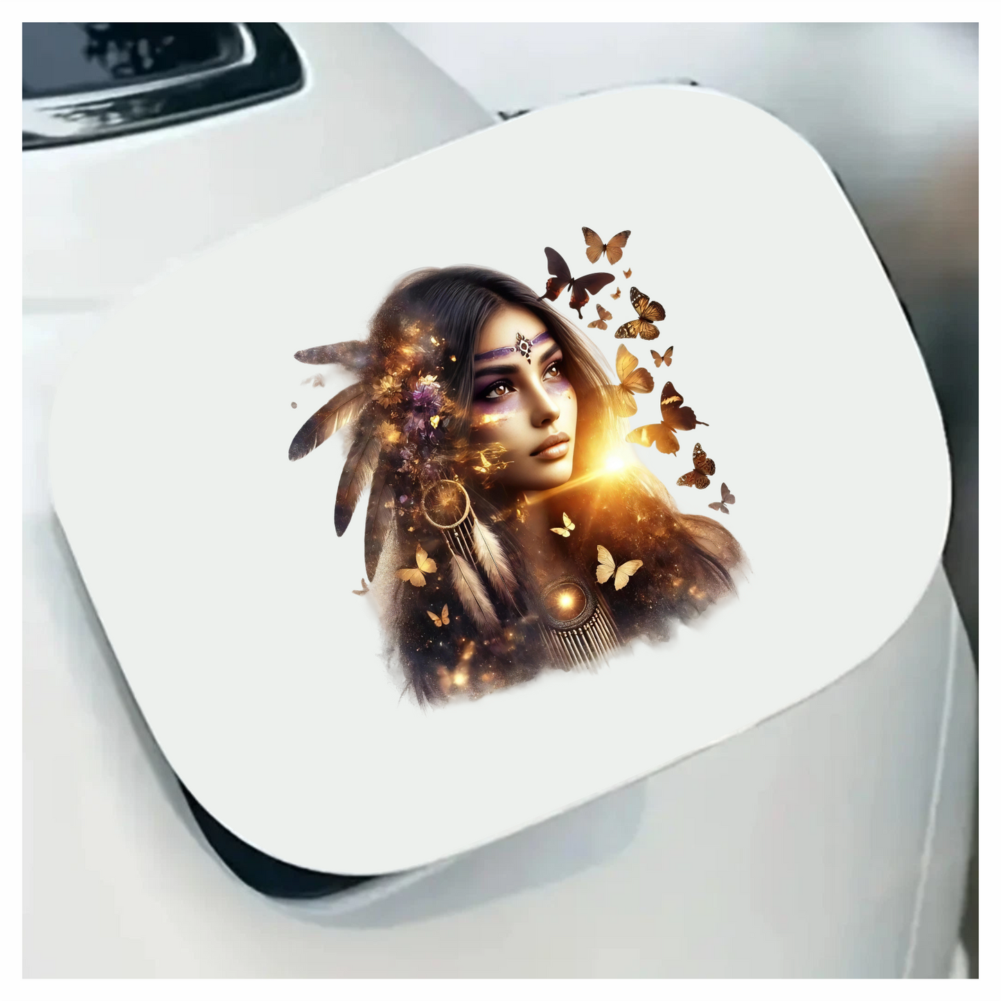 Golden Woman With Butterflies And Feathers Vinyl Sticker Decal