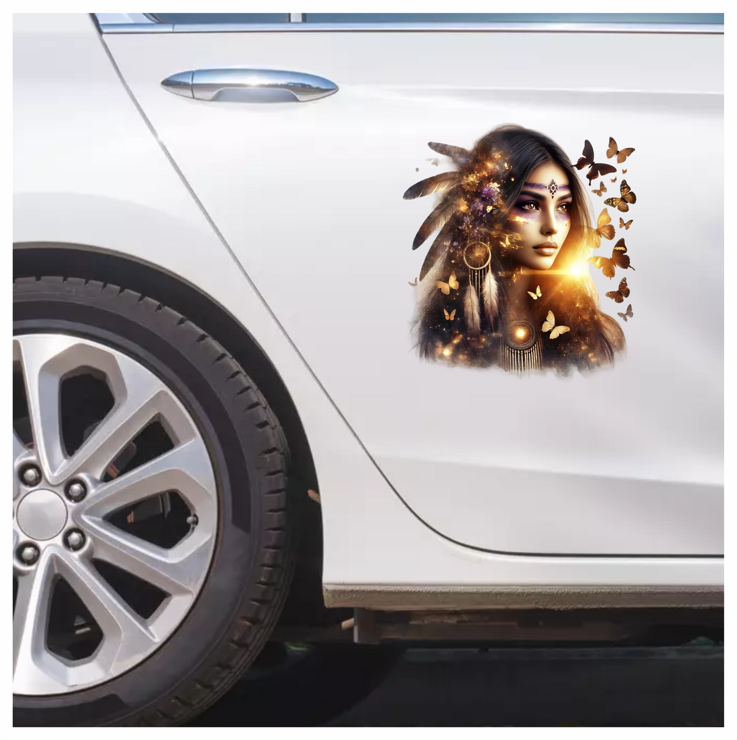 Golden Woman With Butterflies And Feathers Vinyl Sticker Decal
