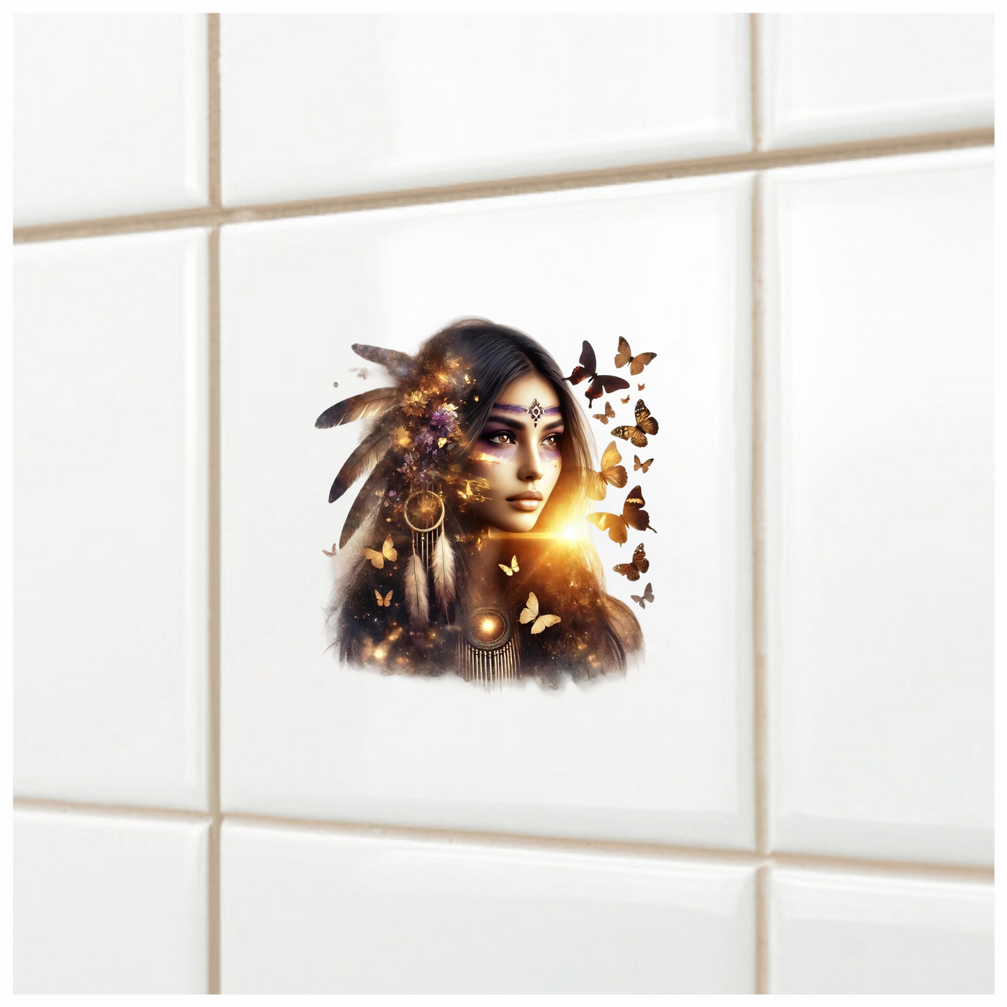Golden Woman With Butterflies And Feathers Vinyl Sticker Decal
