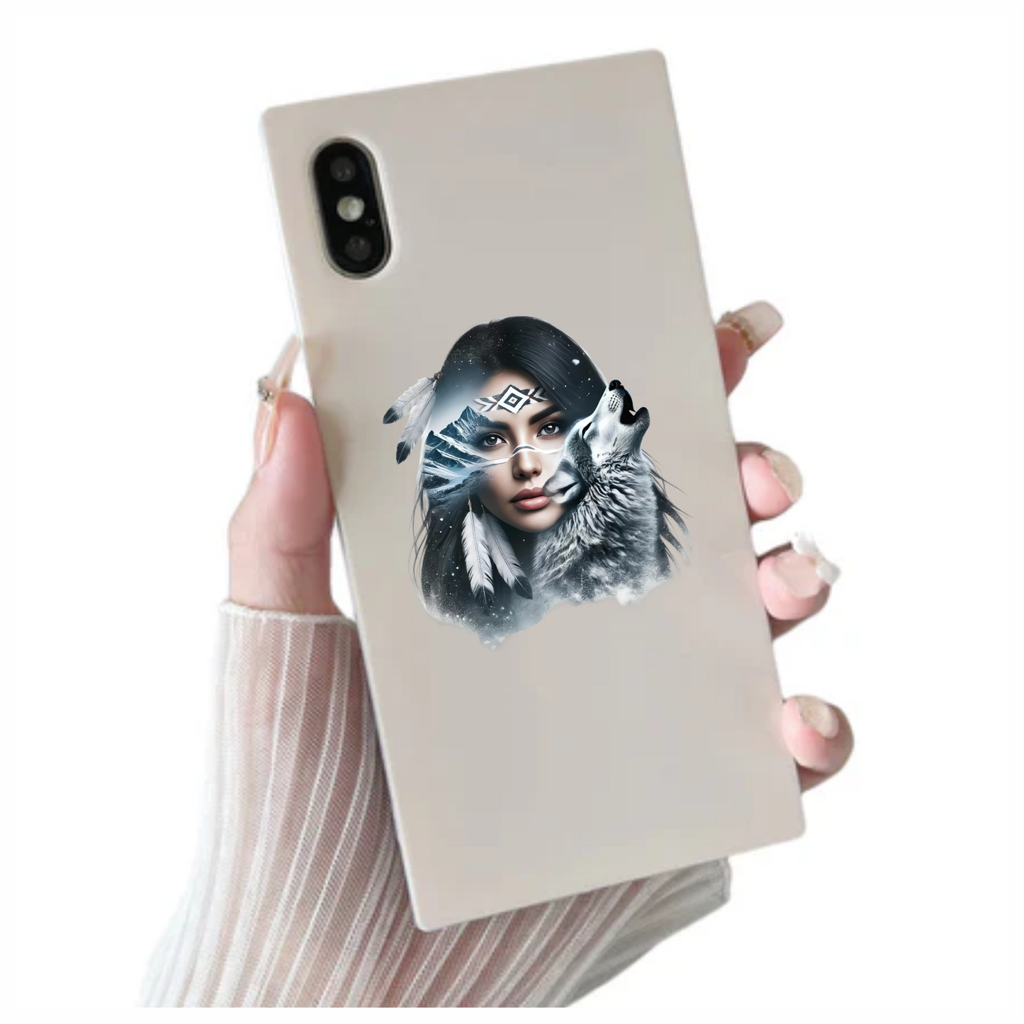 White Woman With Feathers And Wolf Vinyl Sticker Decal