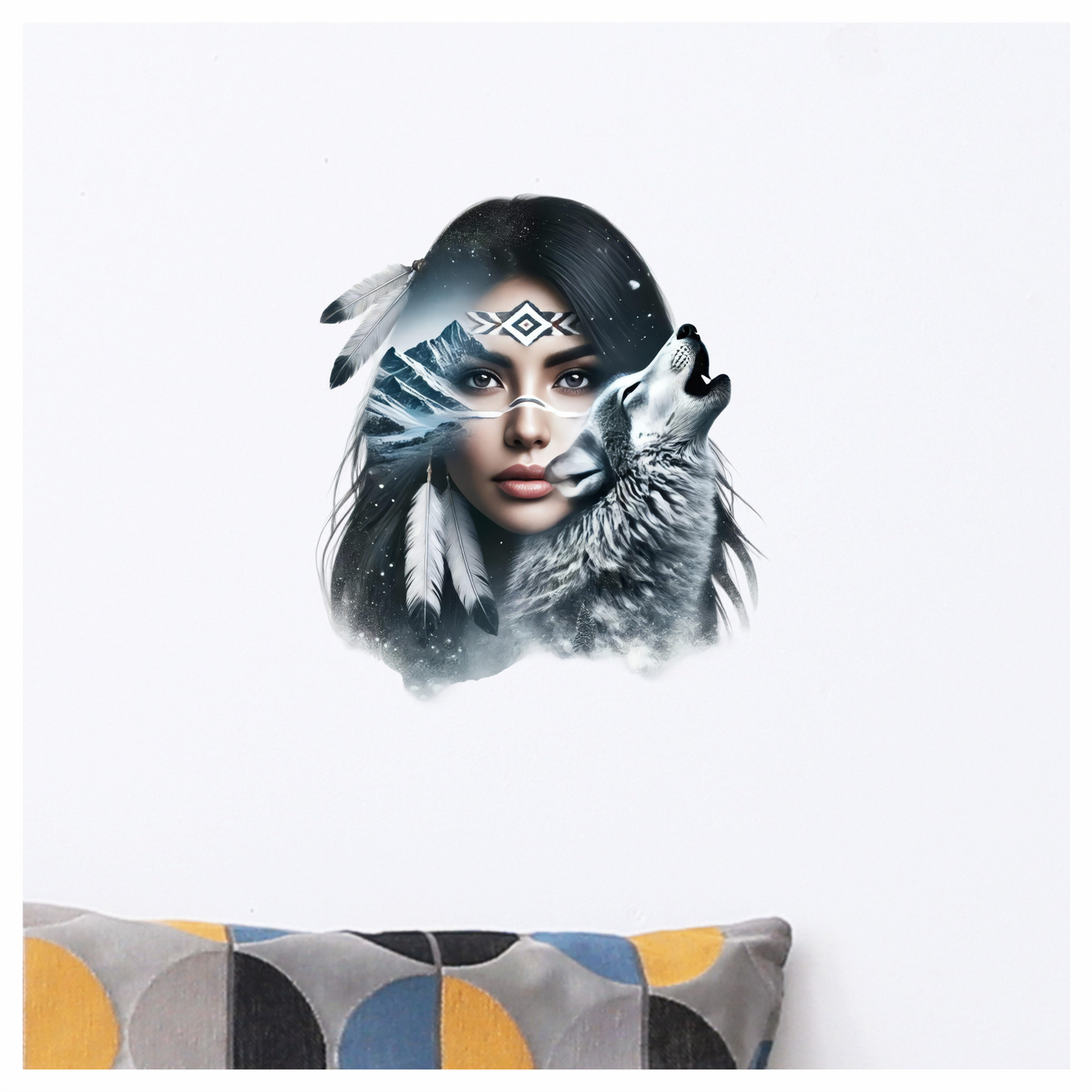 White Woman With Feathers And Wolf Vinyl Sticker Decal