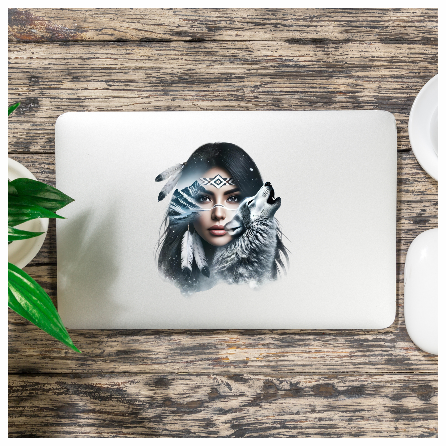 White Woman With Feathers And Wolf Vinyl Sticker Decal