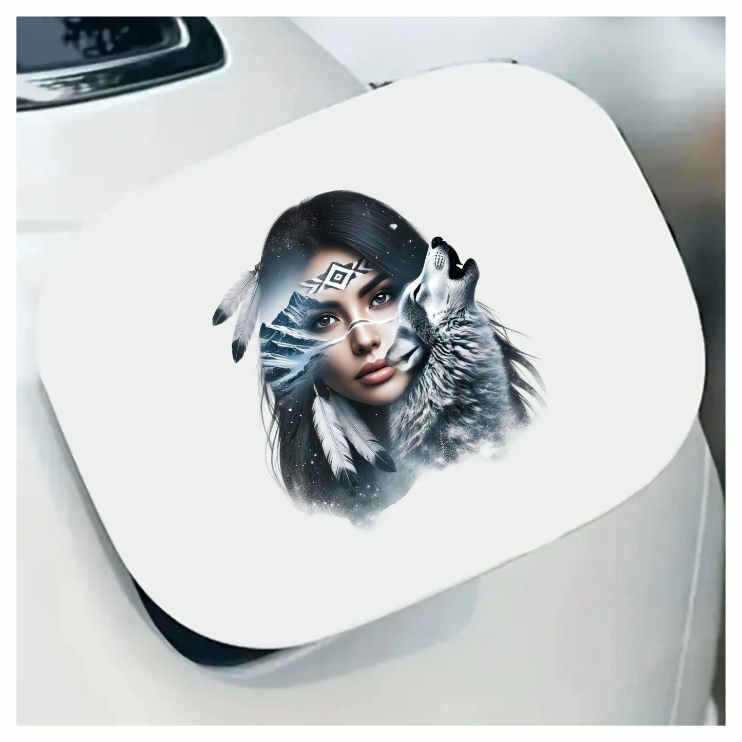 White Woman With Feathers And Wolf Vinyl Sticker Decal