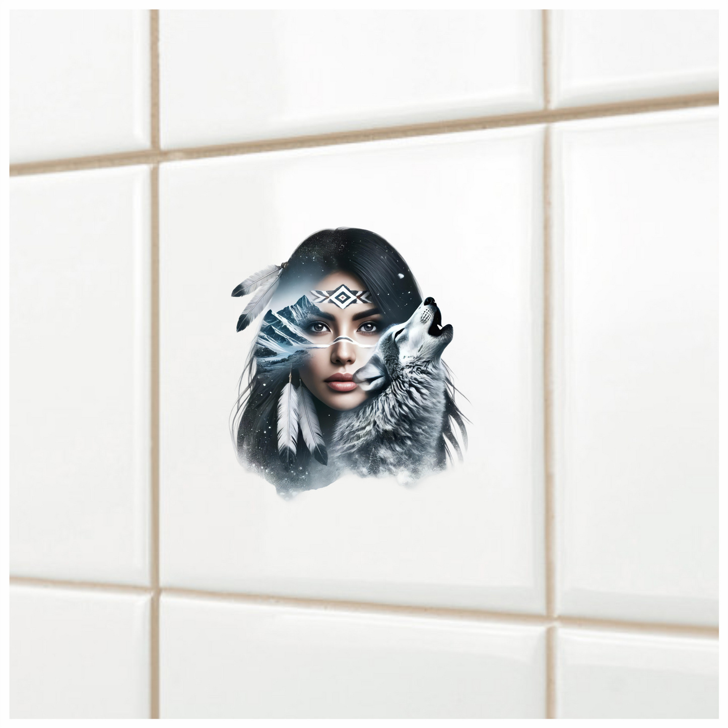 White Woman With Feathers And Wolf Vinyl Sticker Decal