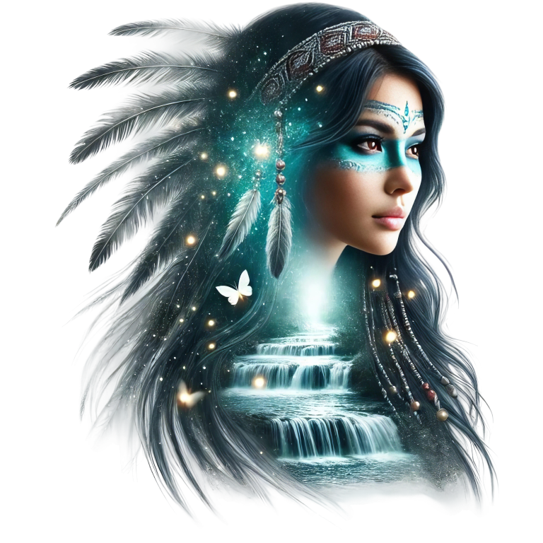 Blue Woman With Feathers And Waterfall Vinyl Sticker Decal