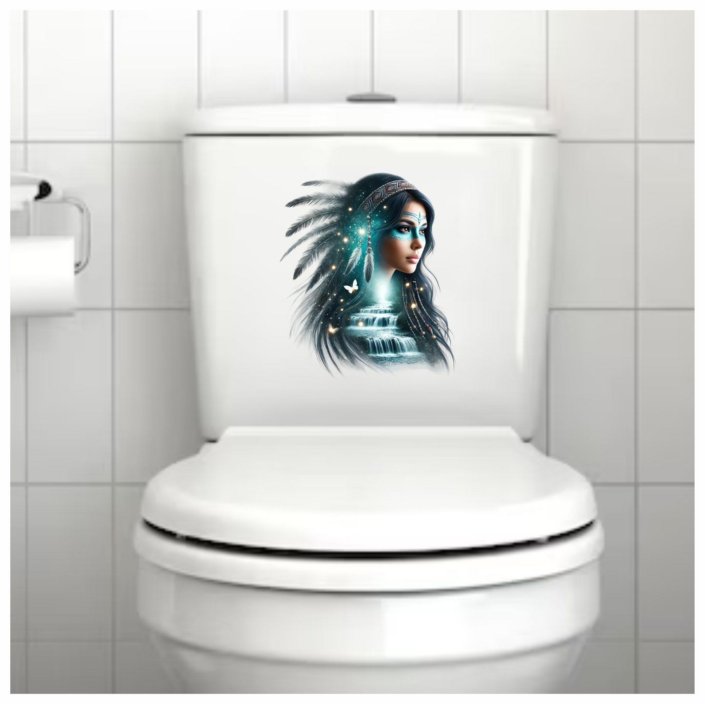 Blue Woman With Feathers And Waterfall Vinyl Sticker Decal