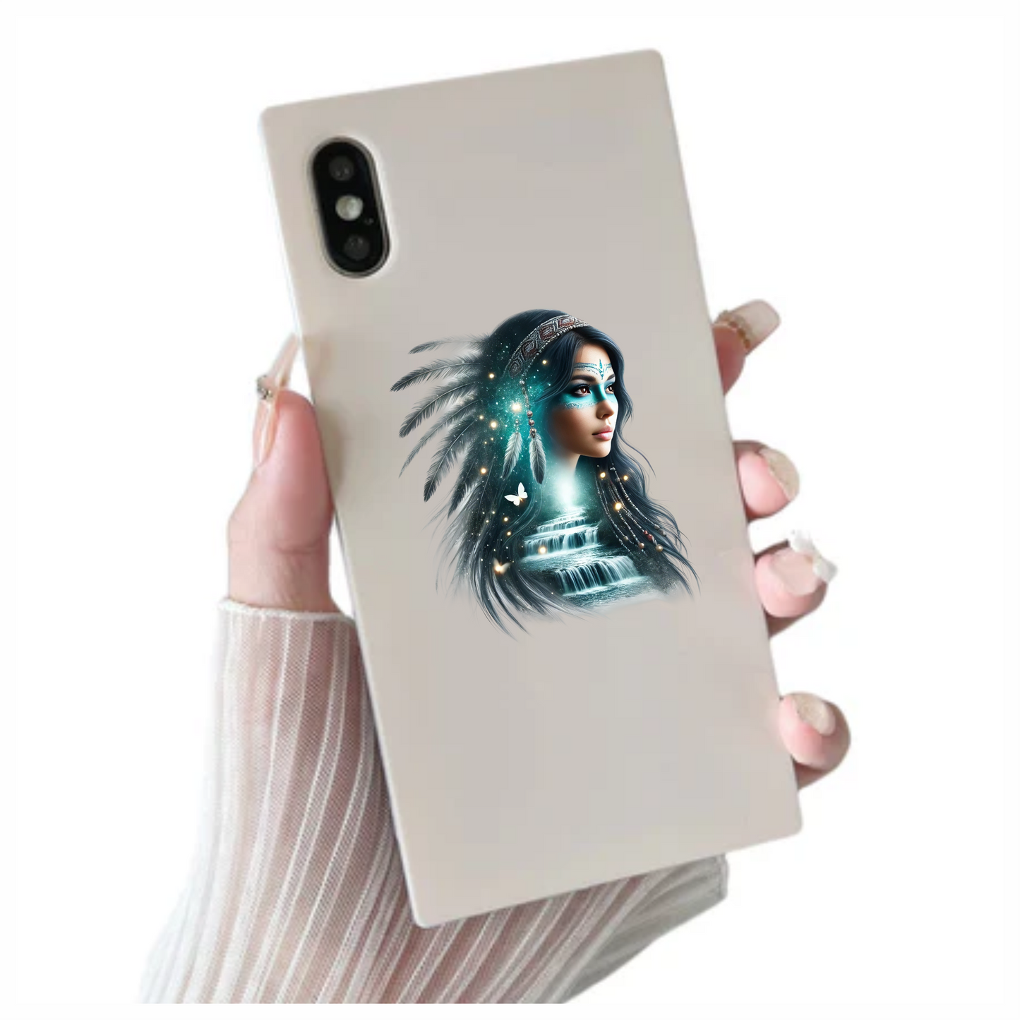 Blue Woman With Feathers And Waterfall Vinyl Sticker Decal