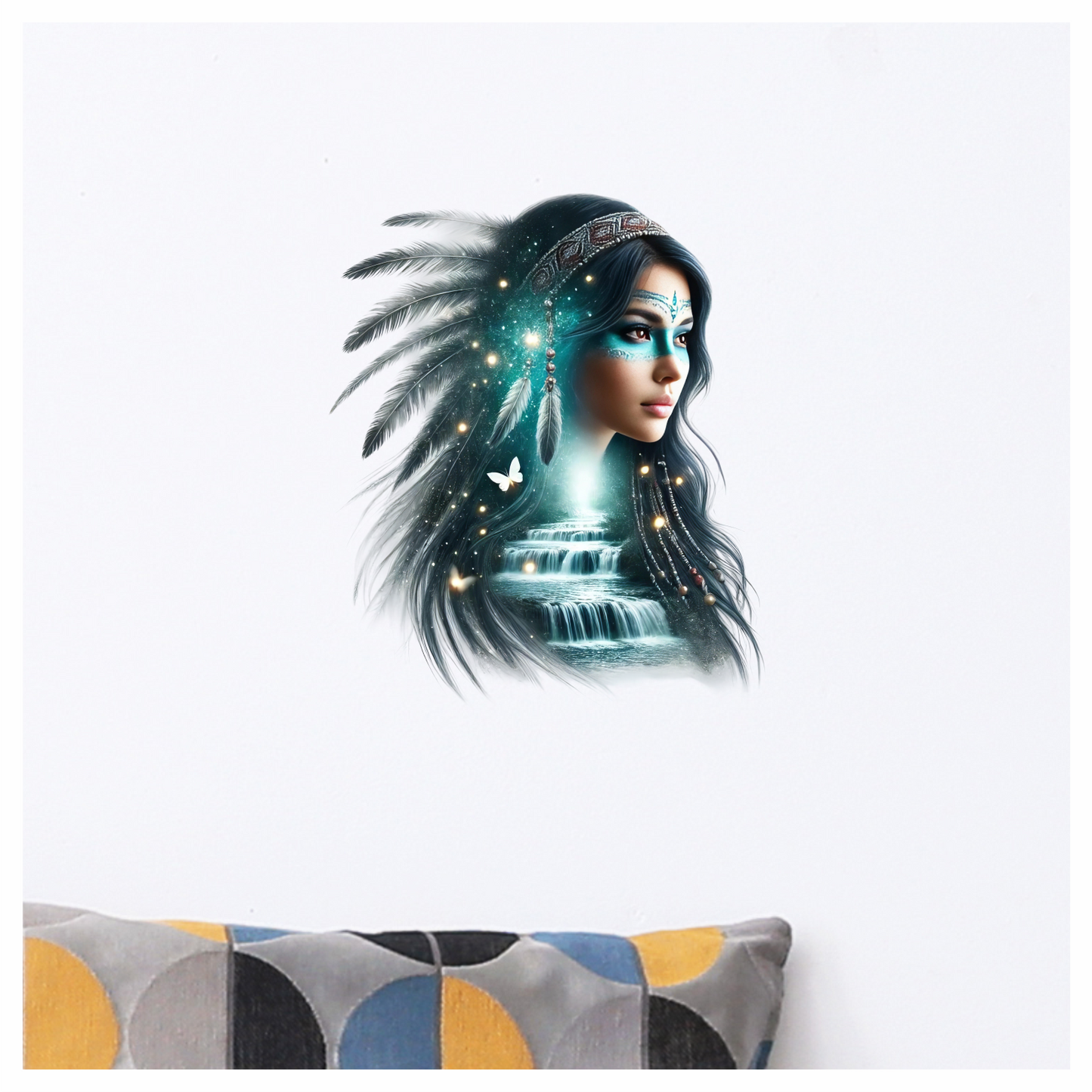 Blue Woman With Feathers And Waterfall Vinyl Sticker Decal