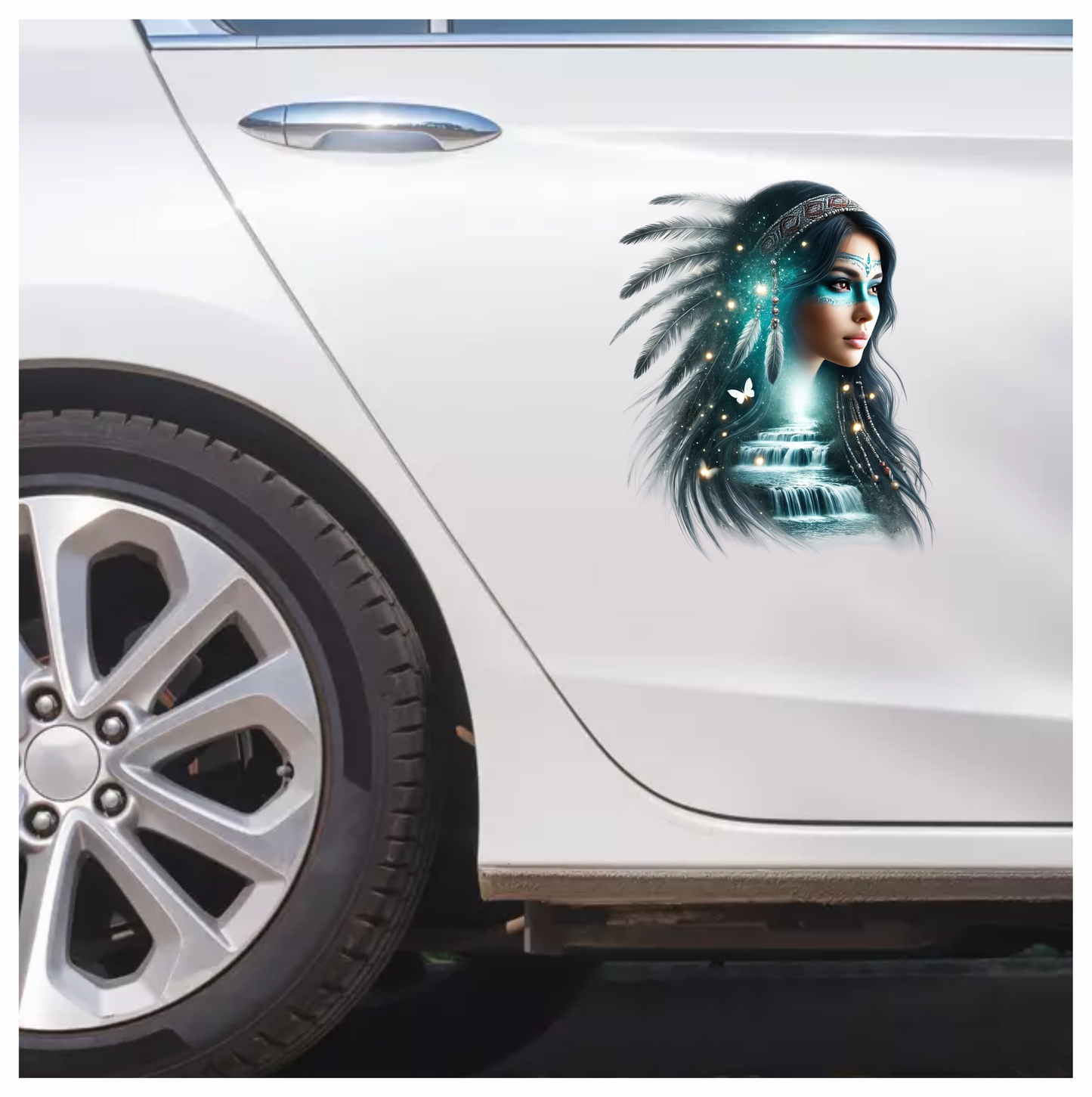 Blue Woman With Feathers And Waterfall Vinyl Sticker Decal