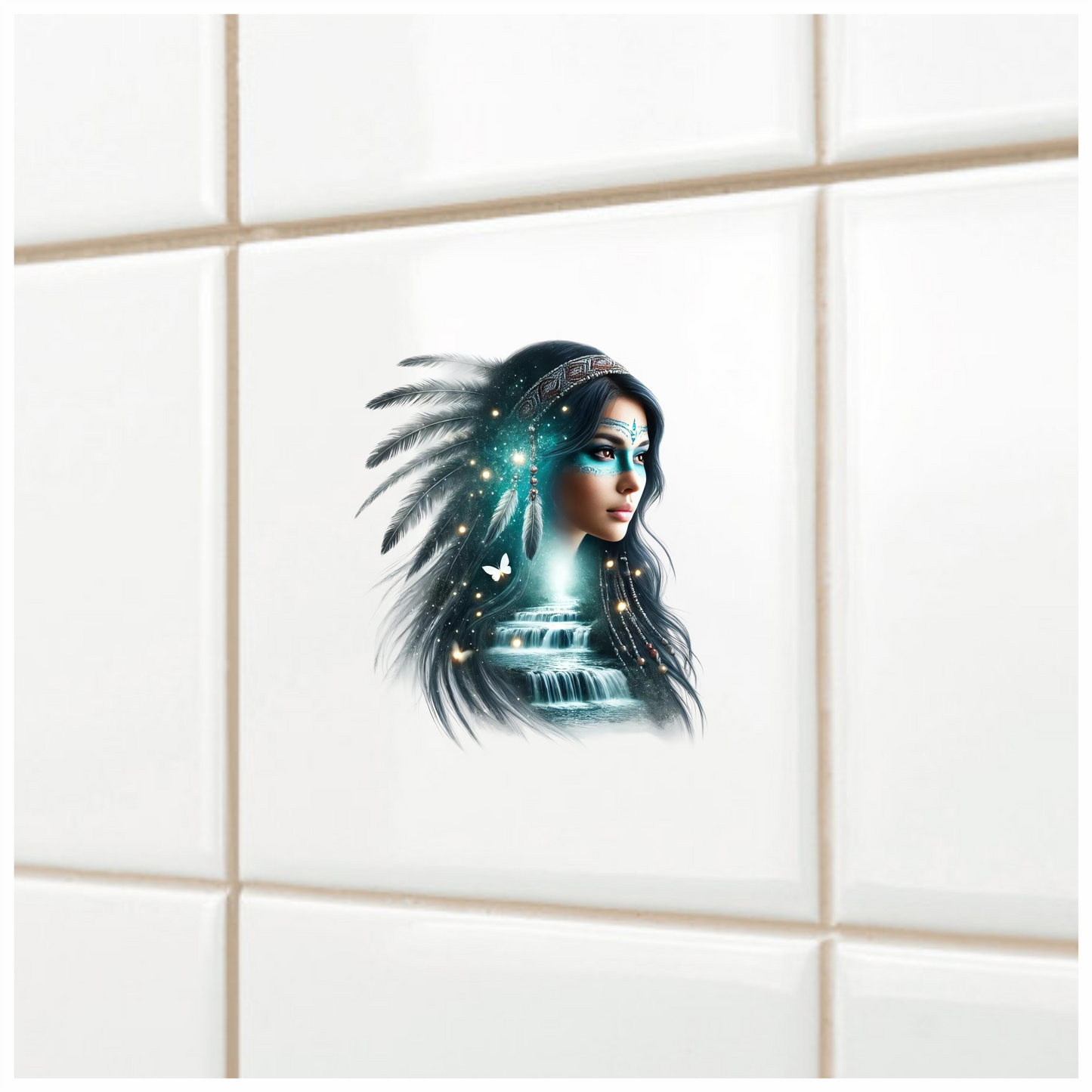 Blue Woman With Feathers And Waterfall Vinyl Sticker Decal
