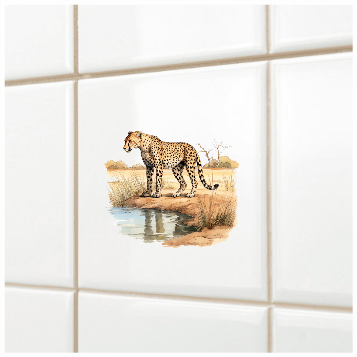 Brown Cheetah Standing Near Water Reflection Vinyl Sticker Decal