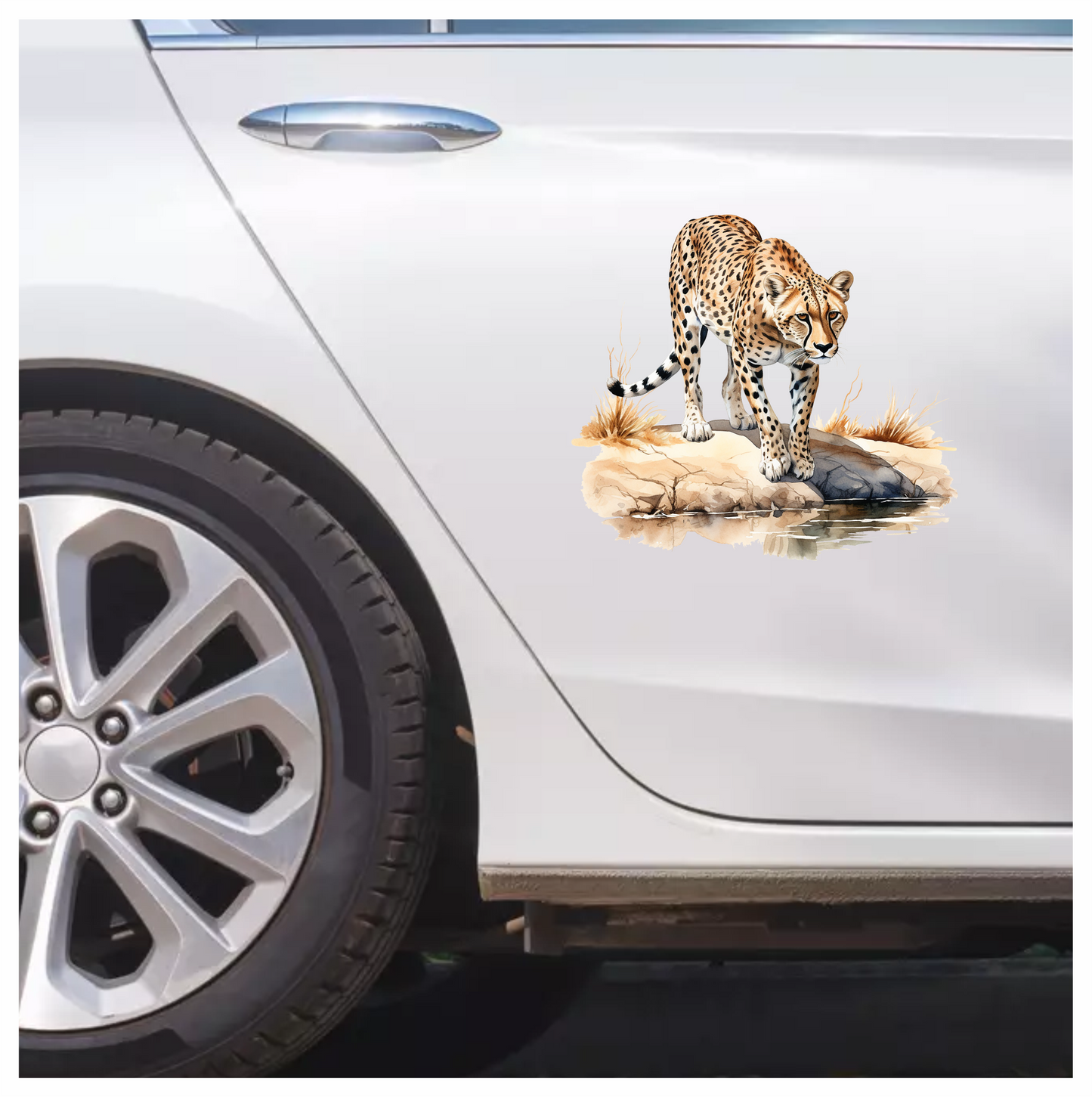 Brown Cheetah Walking On Rock Reflection Vinyl Sticker Decal