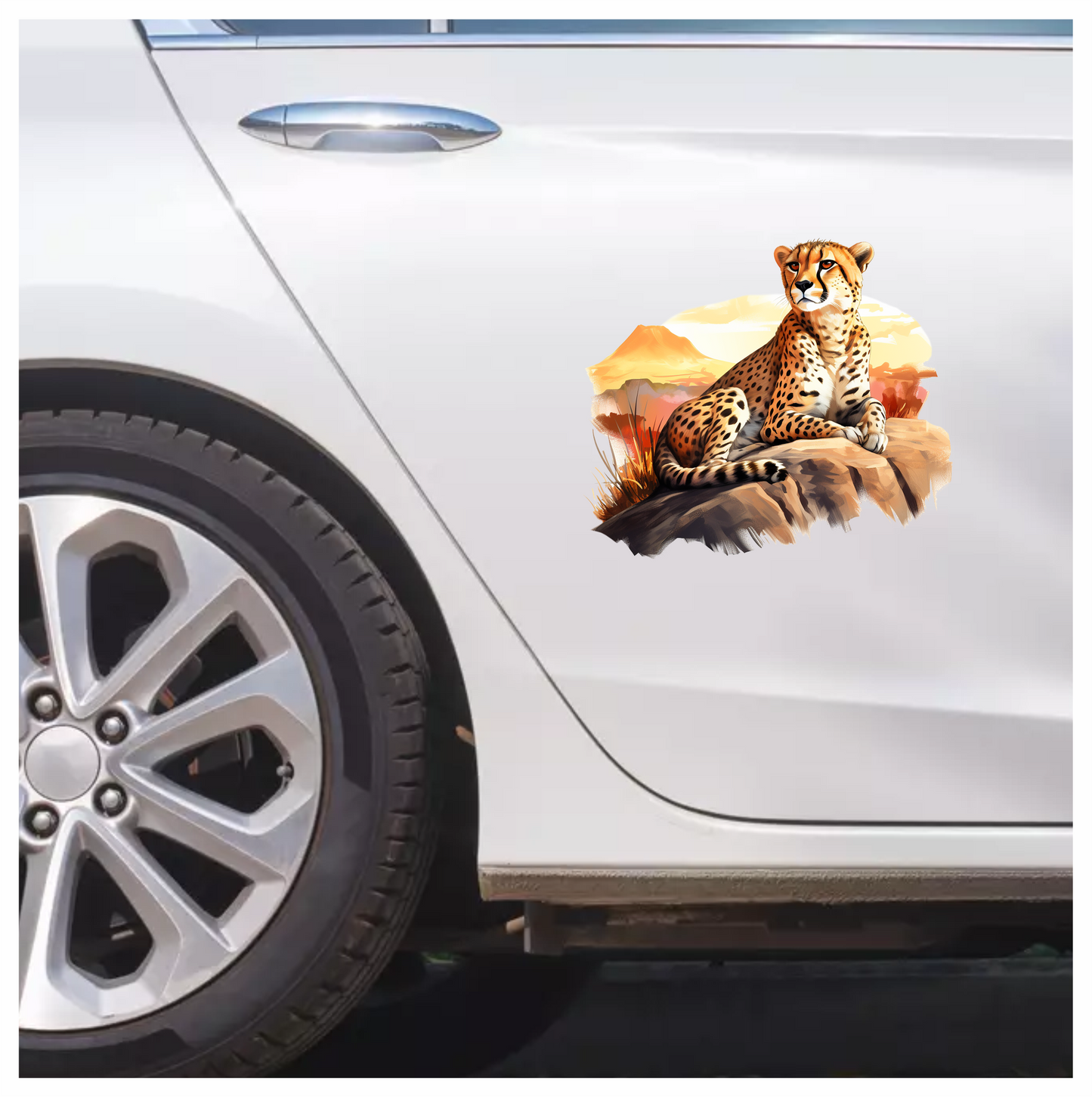 Brown Cheetah Sitting On Rock Sunset Vinyl Sticker Decal