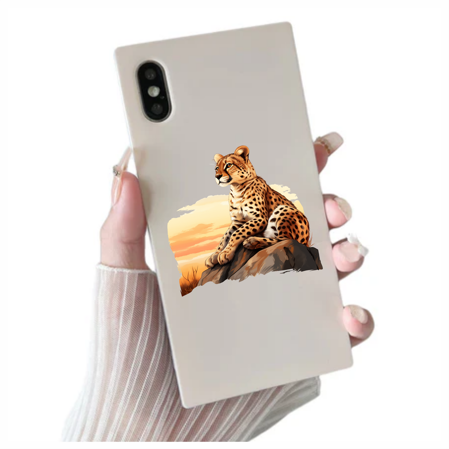 Brown Cheetah Sitting On Rock Sunset Vinyl Sticker Decal
