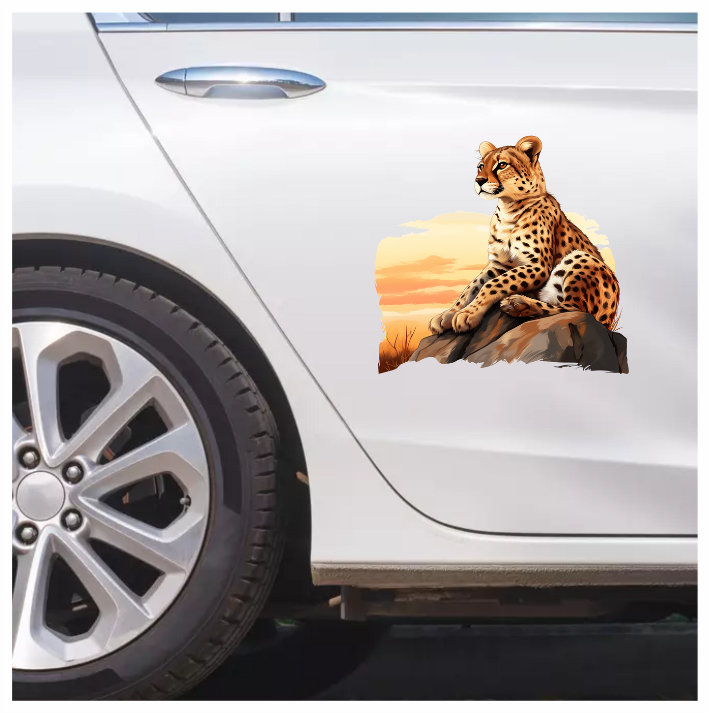 Brown Cheetah Sitting On Rock Sunset Vinyl Sticker Decal