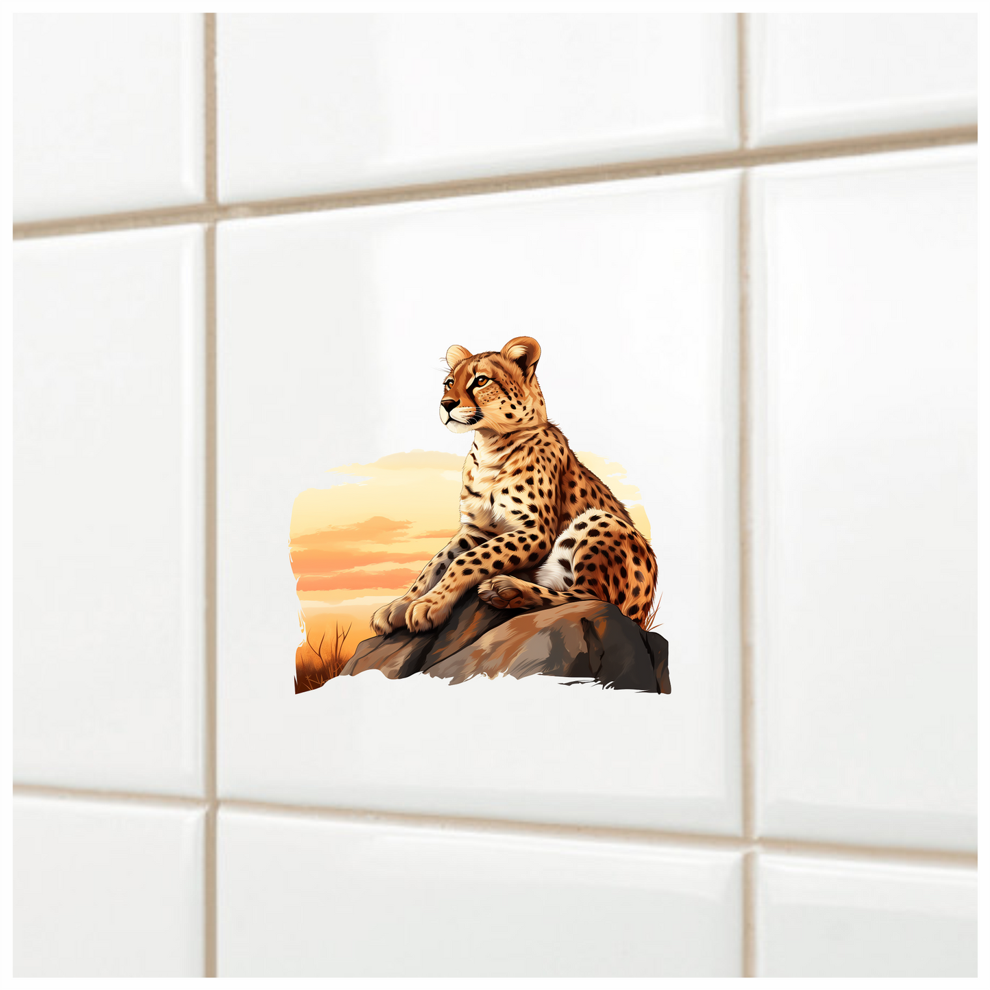 Brown Cheetah Sitting On Rock Sunset Vinyl Sticker Decal