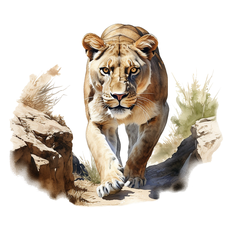 Brown Lioness Walking Between Desert Rocks Vinyl Sticker Decal