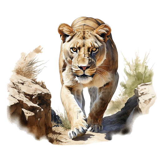 Brown Lioness Walking Between Desert Rocks Vinyl Sticker Decal