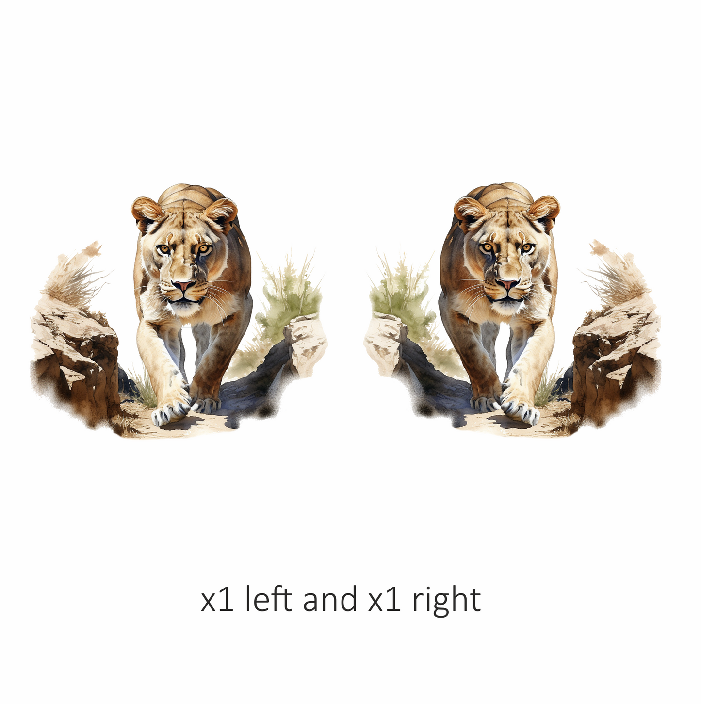 Brown Lioness Walking Between Desert Rocks Vinyl Sticker Decal