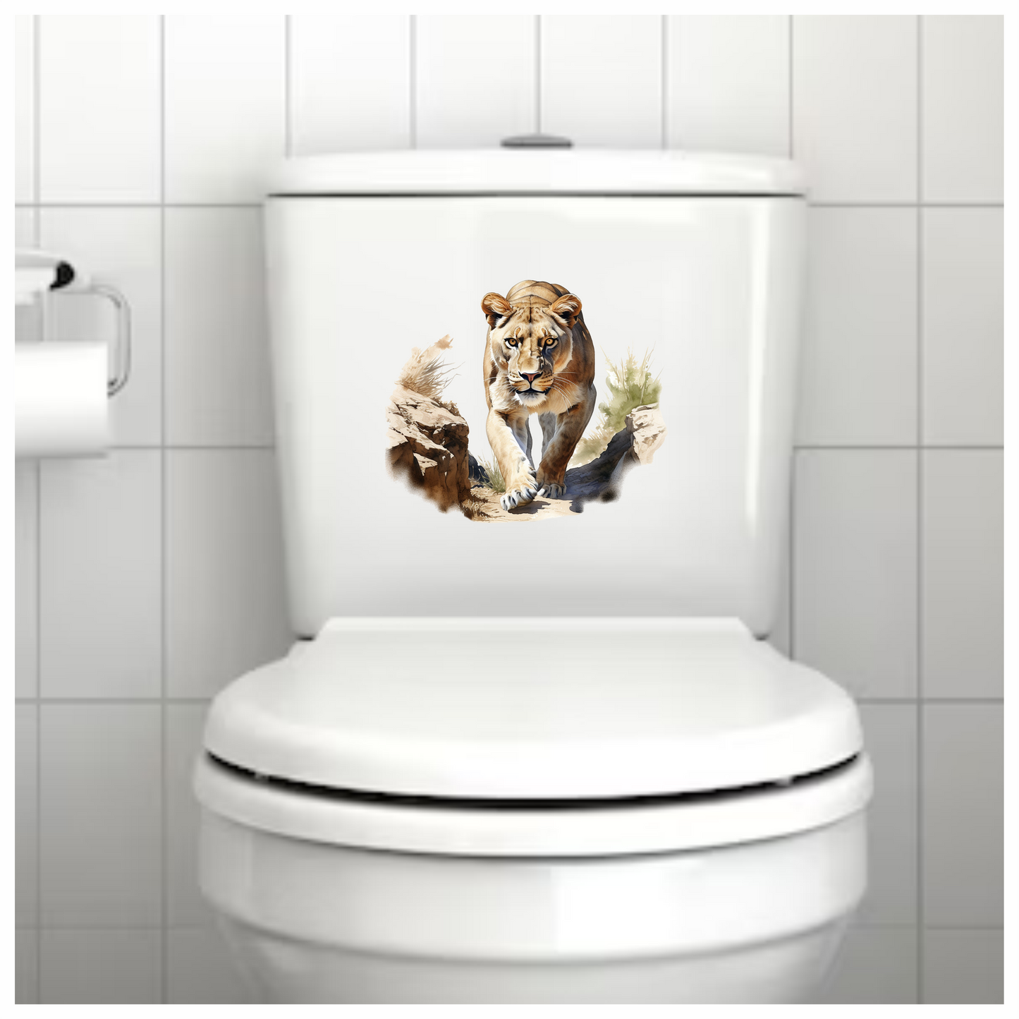 Brown Lioness Walking Between Desert Rocks Vinyl Sticker Decal